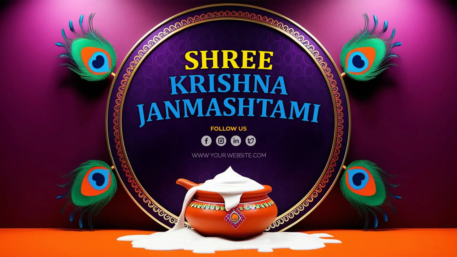 Janmashtami Event Promotion PSD Banner with Vibrant Peacock Feathers image